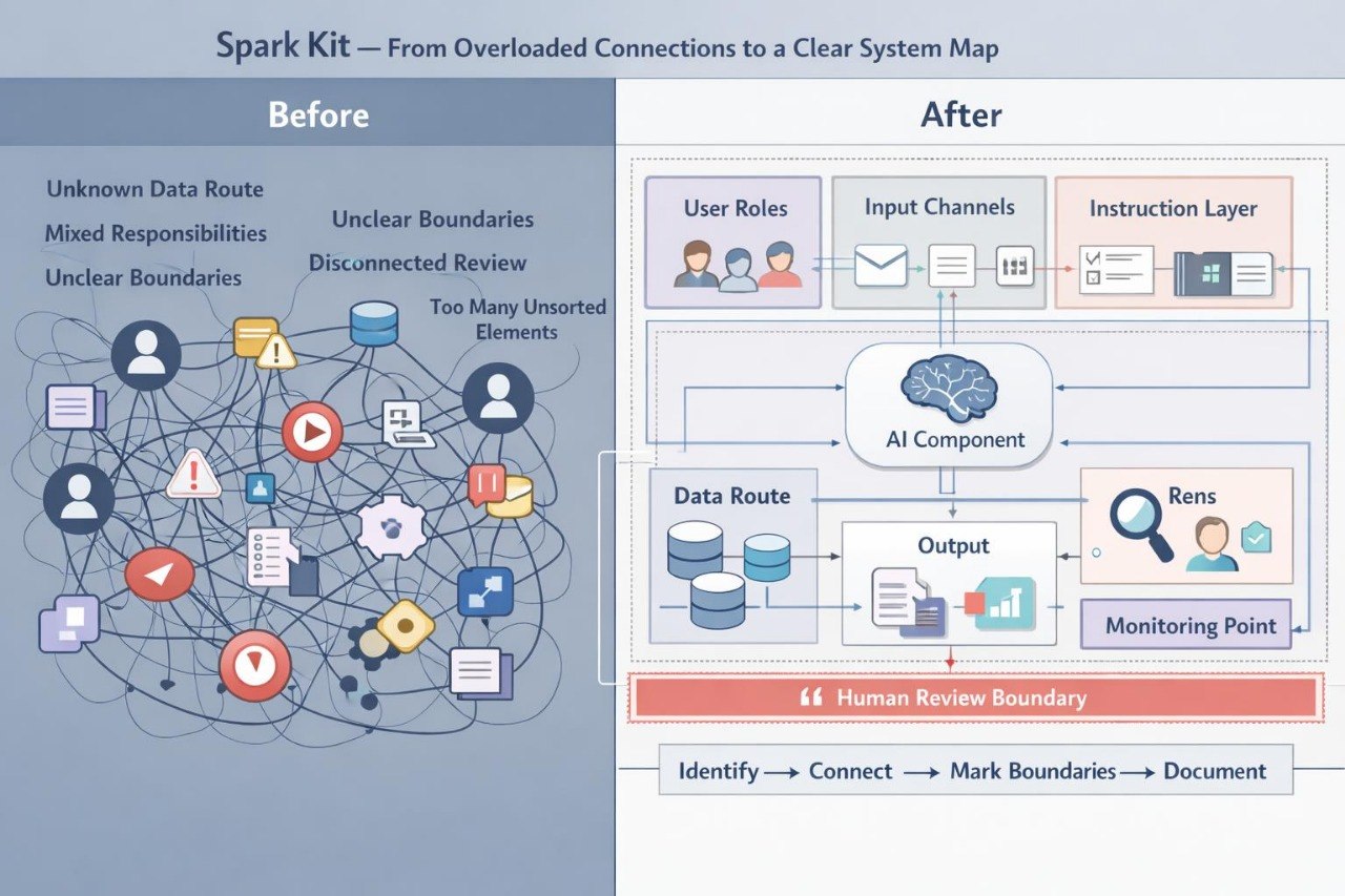 A diagram titled 'Spark Kit' comparing a messy 'Before' data network on the left with a structured 'After' system map on the right, showing boxes for user roles, input channels, instruction layer, AI component, data route, output, and monitoring point.