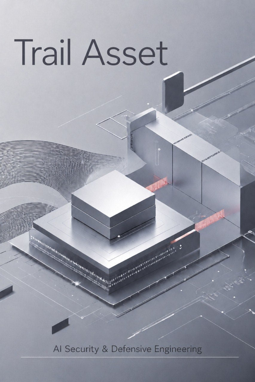 A book or publication cover titled "Trail Asset" with the subtitle "AI Security & Defensive Engineering," featuring a stylized 3D gray digital architectural illustration on a light gray background.
