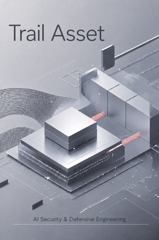A book or publication cover titled "Trail Asset" with the subtitle "AI Security & Defensive Engineering," featuring a stylized 3D gray digital architectural illustration on a light gray background.