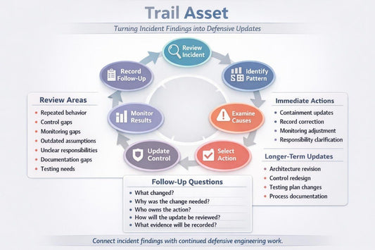 A process flowchart titled 'Trail Asset' explaining how incident findings are turned into defensive updates. The diagram shows a circular workflow with labeled boxes such as Review Incident, Identify Pattern, Monitor Results, Select Action, Examine Causes, and Record Correction, plus sections for Immediate Actions, Longer-Term Updates, and Follow-Up Questions on a light gray background.