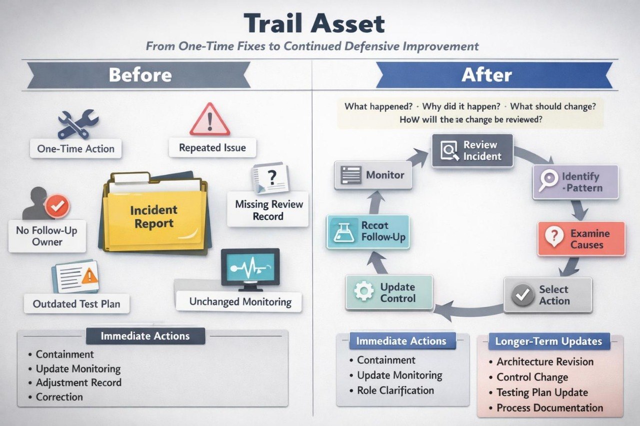 A process flowchart titled 'Trail Asset' comparing 'Before' and 'After' incident management approaches. The 'Before' section shows one-time actions, repeated issues, missing records, and outdated plans.