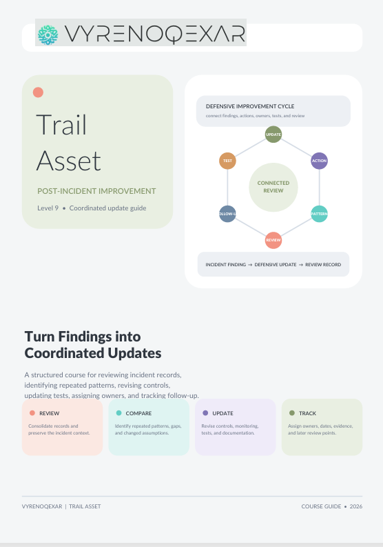 A digital course guide page titled 'Trail Asset' from VyrenoQxar, featuring a light gray background, a circular process diagram labeled 'Defensive Improvement Cycle,' and text about turning findings into coordinated updates.